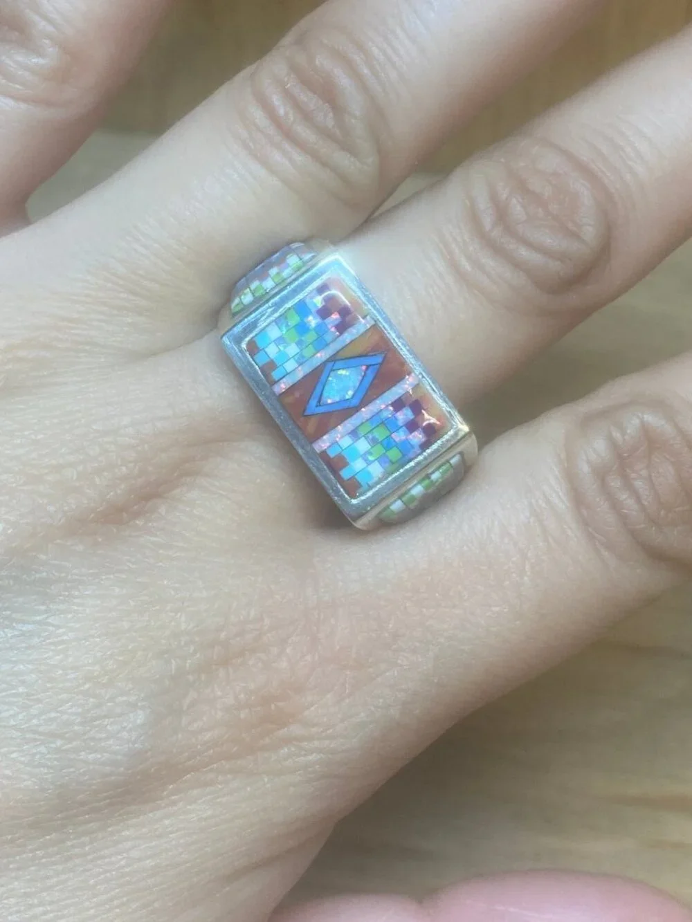 Zuni Jewelry Men's Ring Sterling Silver Size 12 Ethnic Native American Inlay